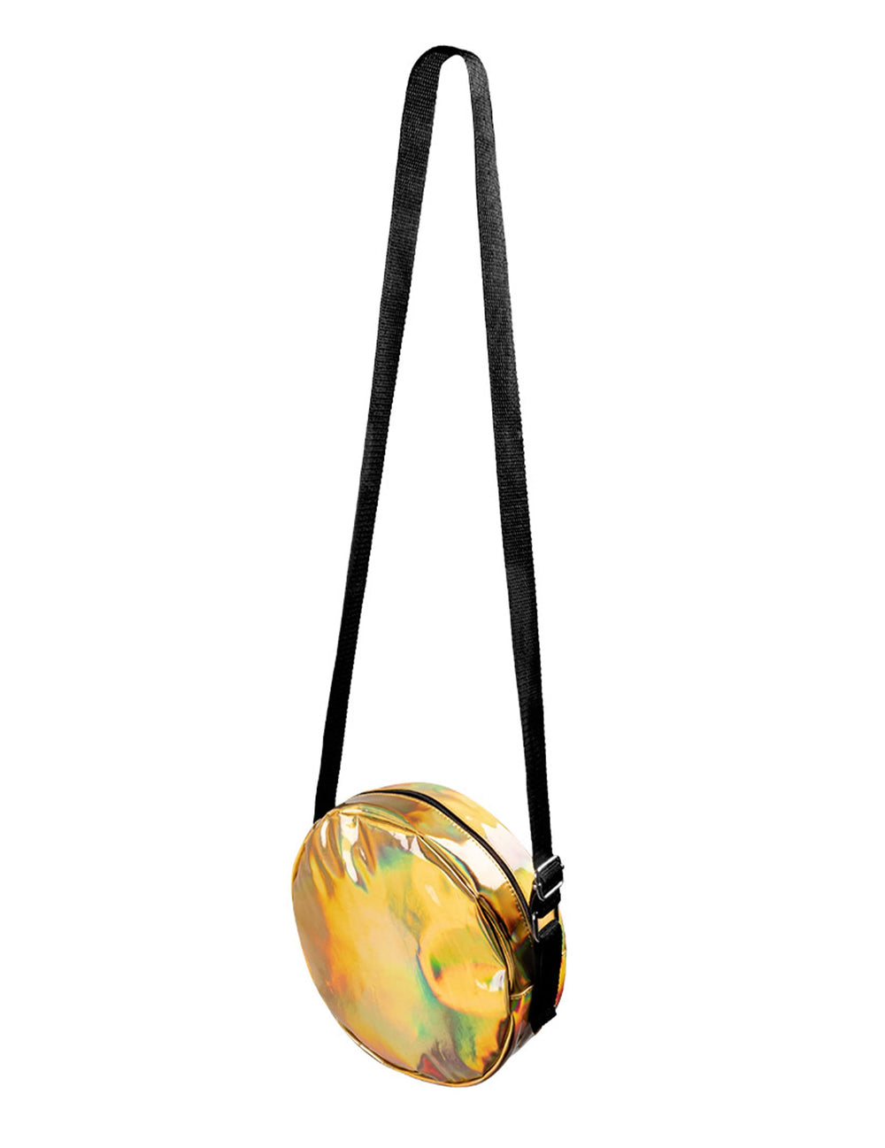Vue de profil du sac à bandoulière rond holographique pour adulte doré