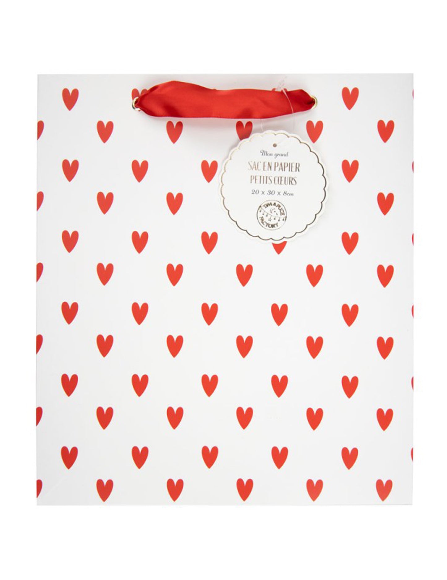 Papírzacskó apró piros szívekkel, 28 x 25 cm