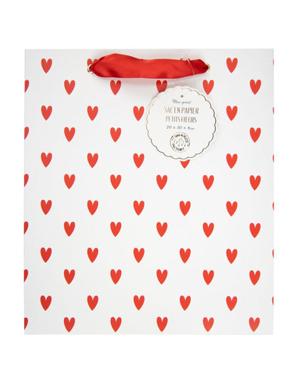 Papírzacskó apró piros szívekkel, 28 x 25 cm