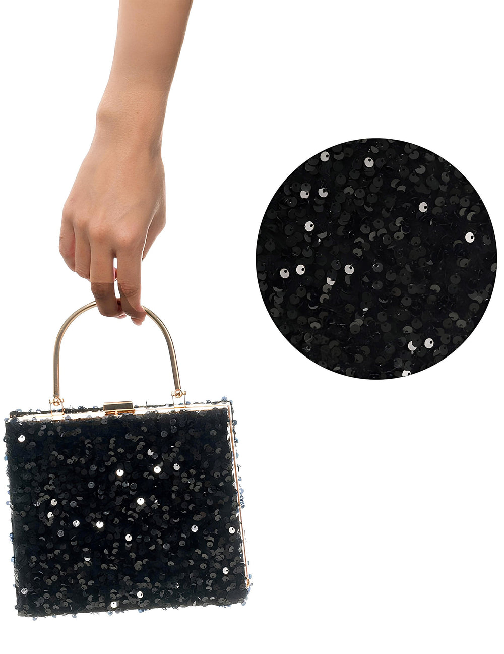 Sac velours et sequins noirs pour femme avec anse dorée