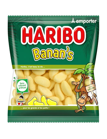 Sárga Haribo banános cukorkás zacskó felnőtteknek és gyerekeknek