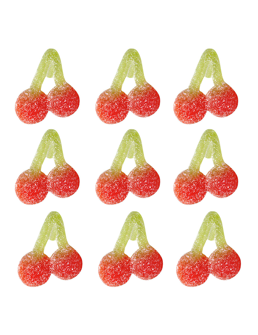 Détail des bonbons acidulés en forme de cerises du sachet de bonbons Cherry Pik Haribo