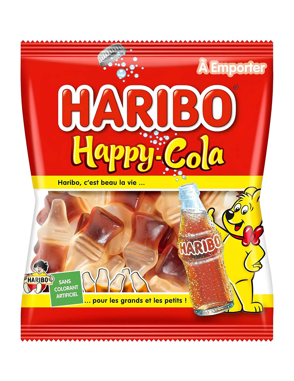 Haribo Happy Cola cukorkák tasakja kicsiknek és nagyoknak piros és sárga