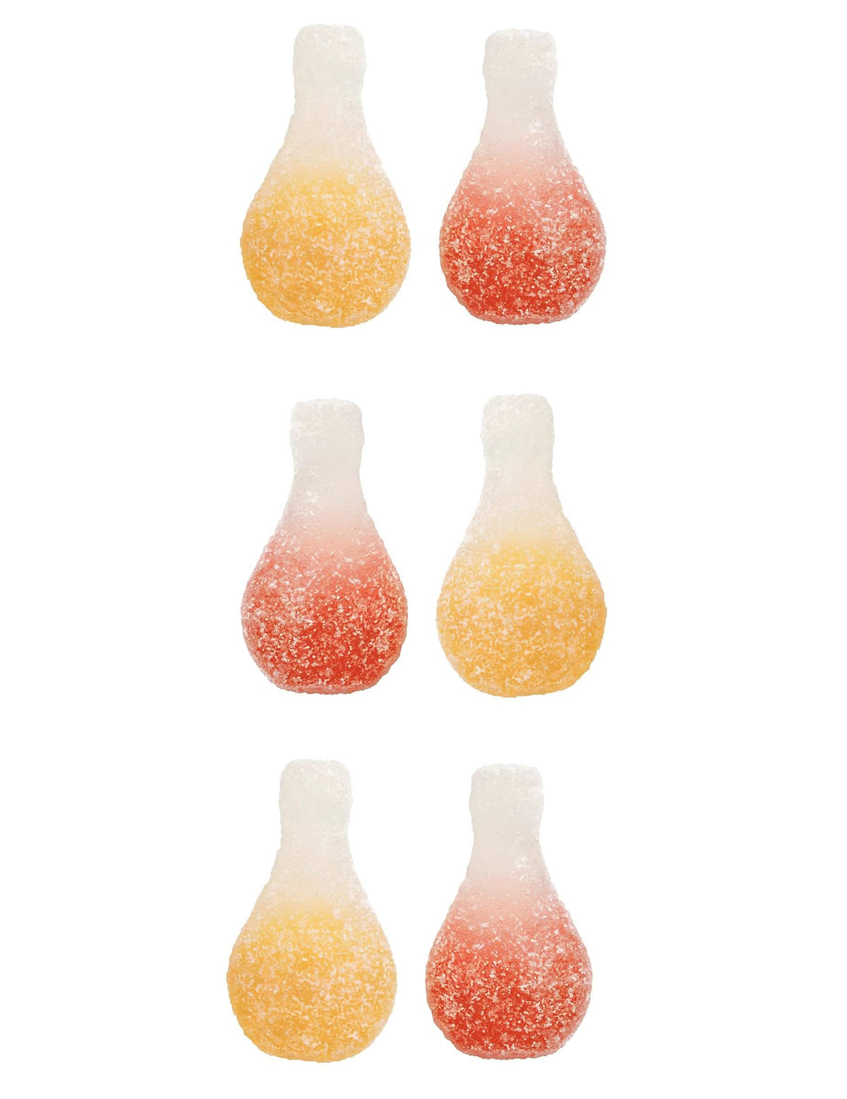 Közelkép az Orangina Pik Haribo cukorkás zacskóban lévő savanyú, palack alakú cukorkákra