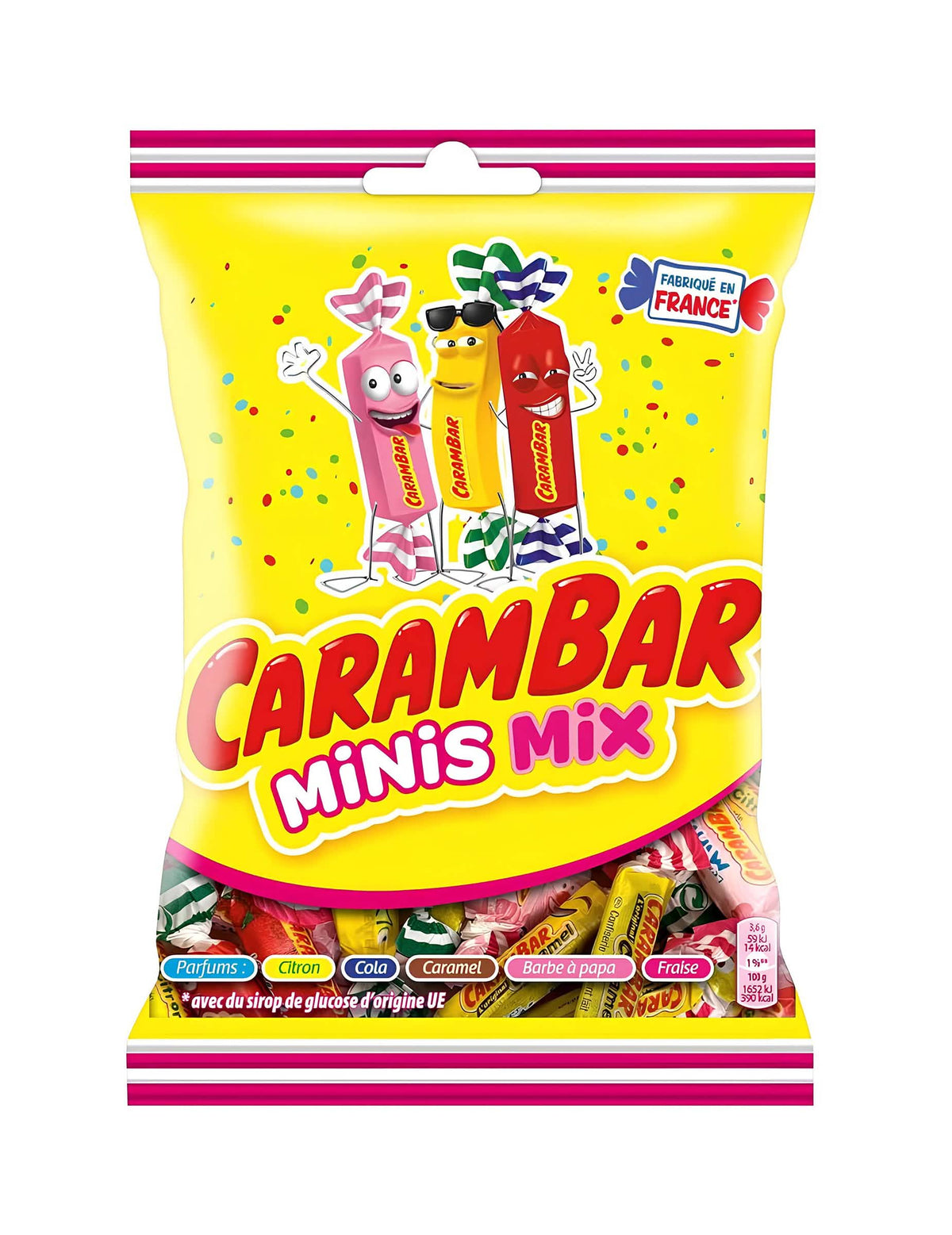 Mini Carambar Minis Mix sárga és sokszínű tasak, különféle ízekkel