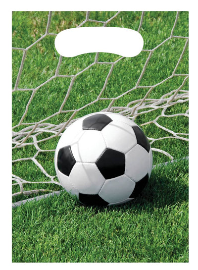 Sacs cadeaux en plastique foot avec motif de ballon dans un filet sur herbe verte