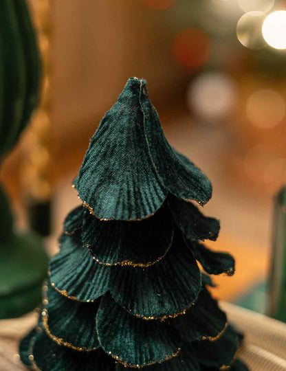 Sapin de Noël velours vert foncé et or 12 x 16 cm