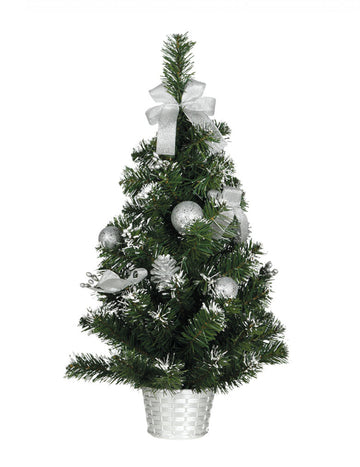 Karácsonyfa ezüst díszekkel díszített állványon 60 cm havas megjelenés