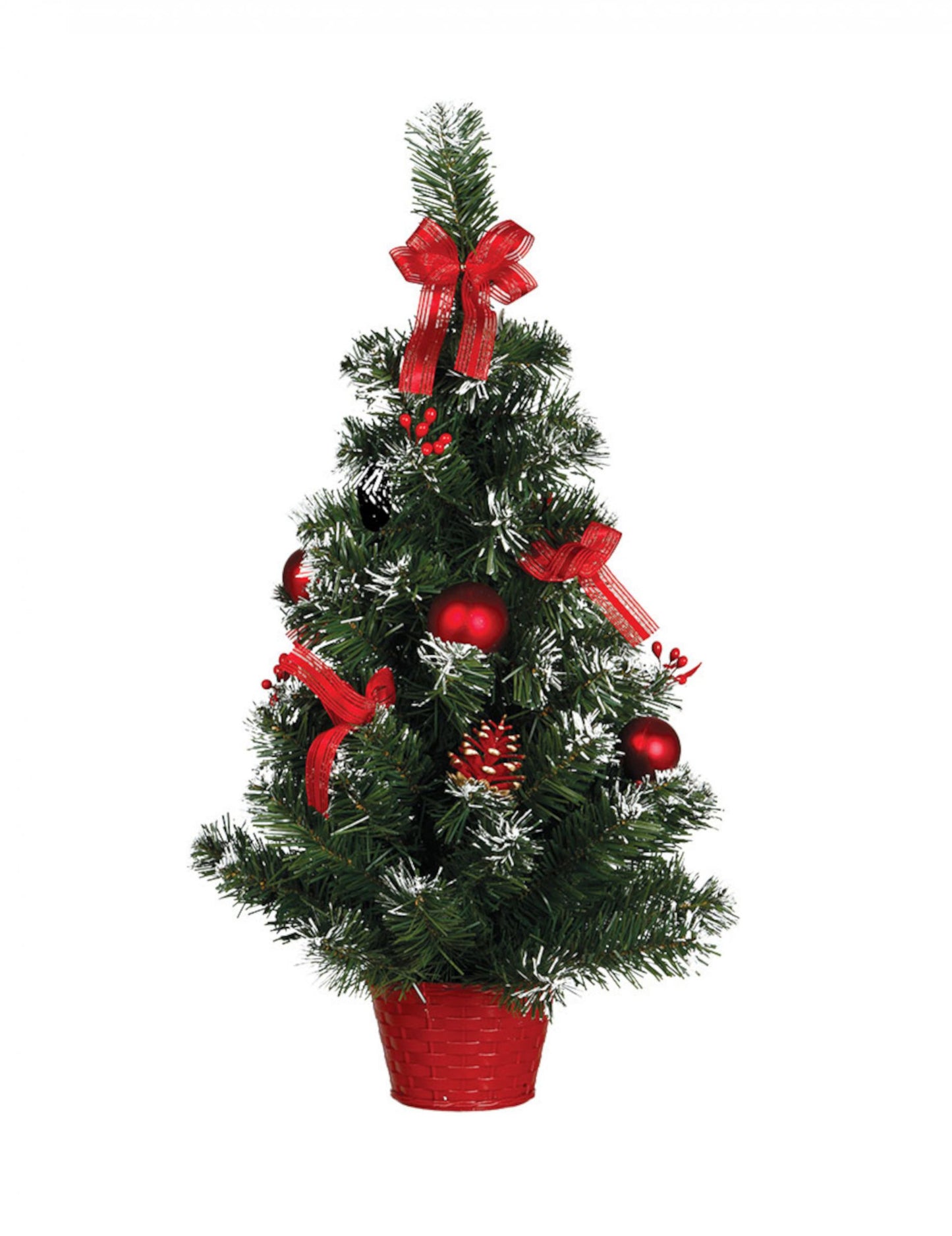 Karácsonyfa állványon, piros díszekkel 60 cm havas hatás