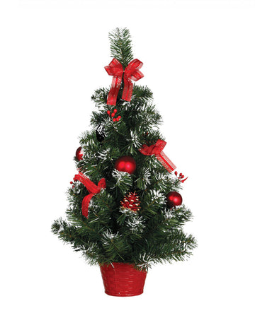 Karácsonyfa állványon, piros díszekkel 60 cm havas hatás