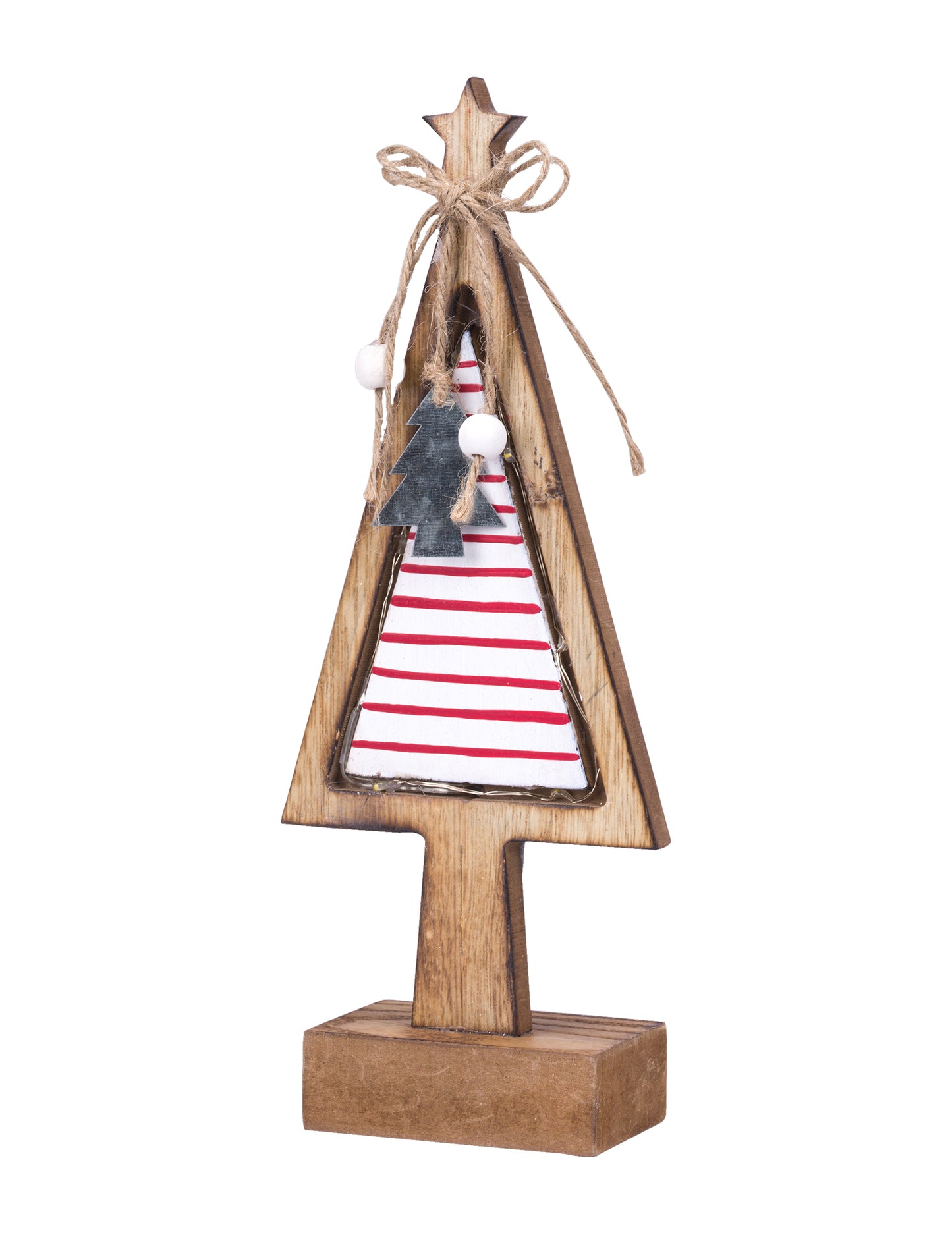 Sapin sur socle décoration Noël pour intérieur en bois lumineux à rayures rouges et blanches