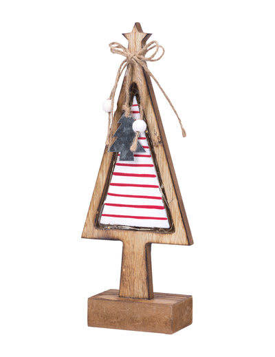 Sapin sur socle décoration Noël pour intérieur en bois lumineux à rayures rouges et blanches