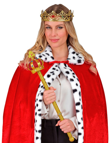 Arany színű királyi pálca felnőtteknek piros koronával és csillámokkal