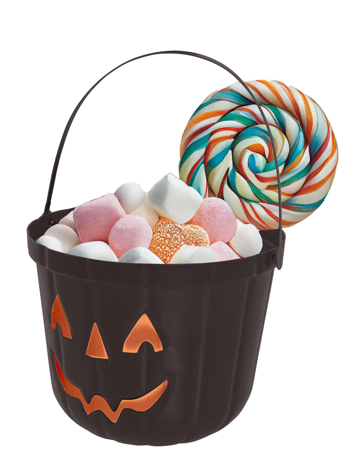 Détail des bonbons et de la sucette du seau citrouille pour enfant