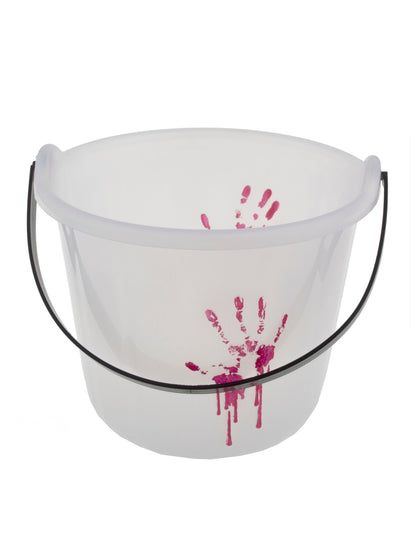 Seau Halloween ensanglanté pour enfant et adulte blanc phosphorescent avec traces de mains rouges