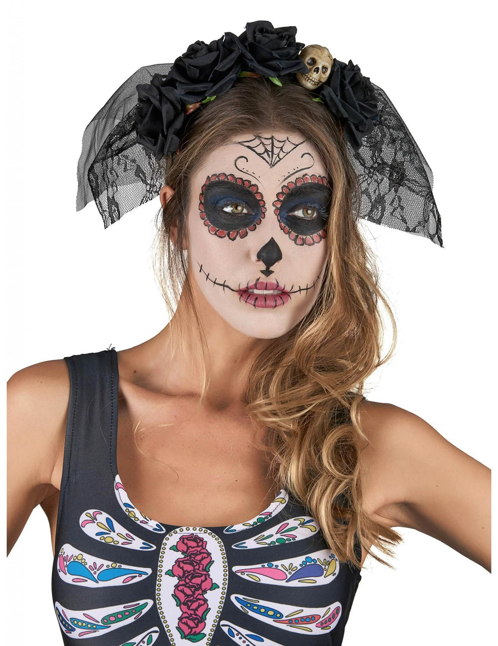 Női fekete Dia De Los Muertos fejpánt csipke fátyollal és rózsákkal
