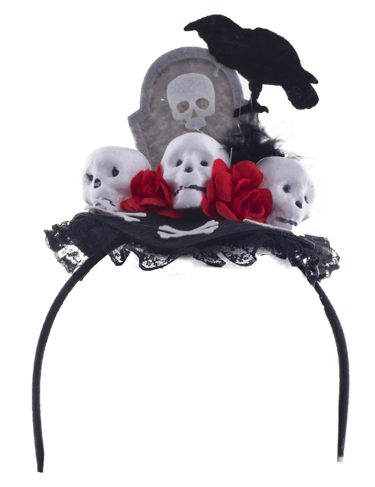 Varjú hajpánt Dia de los muertos női fekete koponyákkal és vörös rózsákkal