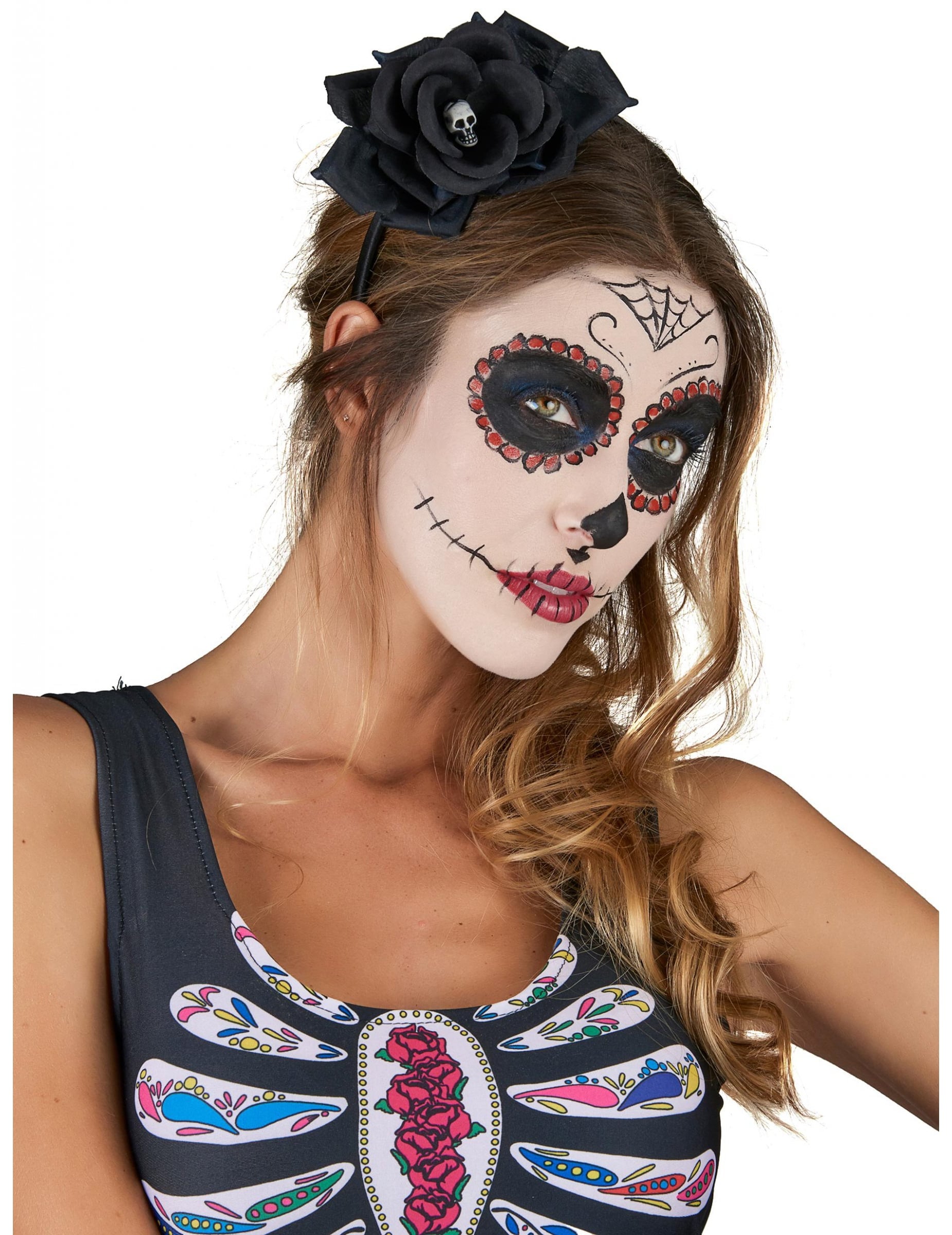 Serre-tête Dia De Los Muertos pour adulte avec rose noire et tête de mort