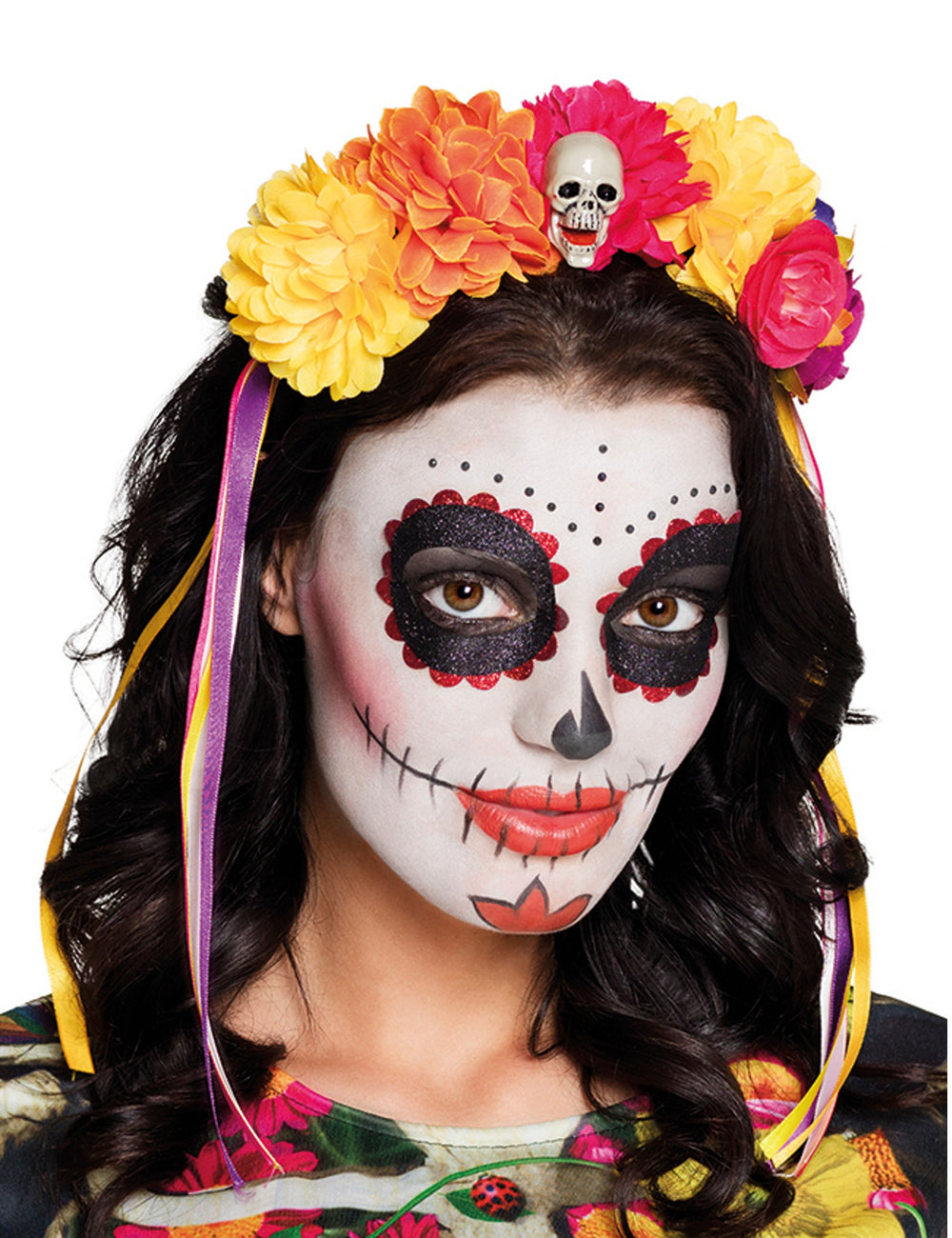 Serre-tête grosses fleurs Dia de los muertos pour adulte multicolore avec crâne