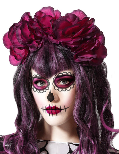Serre-tête Dia de los muertos pour femme avec grosses fleurs roses