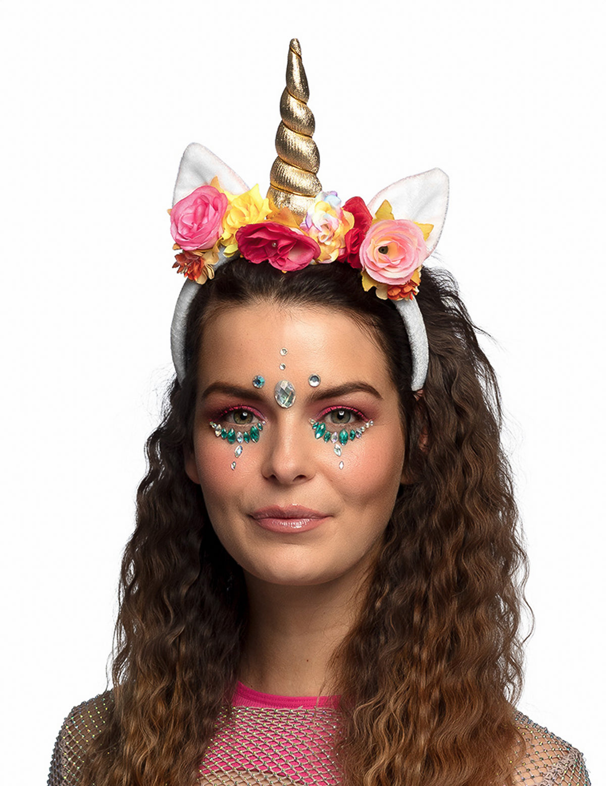 Serre-tête licorne enchantée pour femme blanc avec corne dorée et fleurs colorées