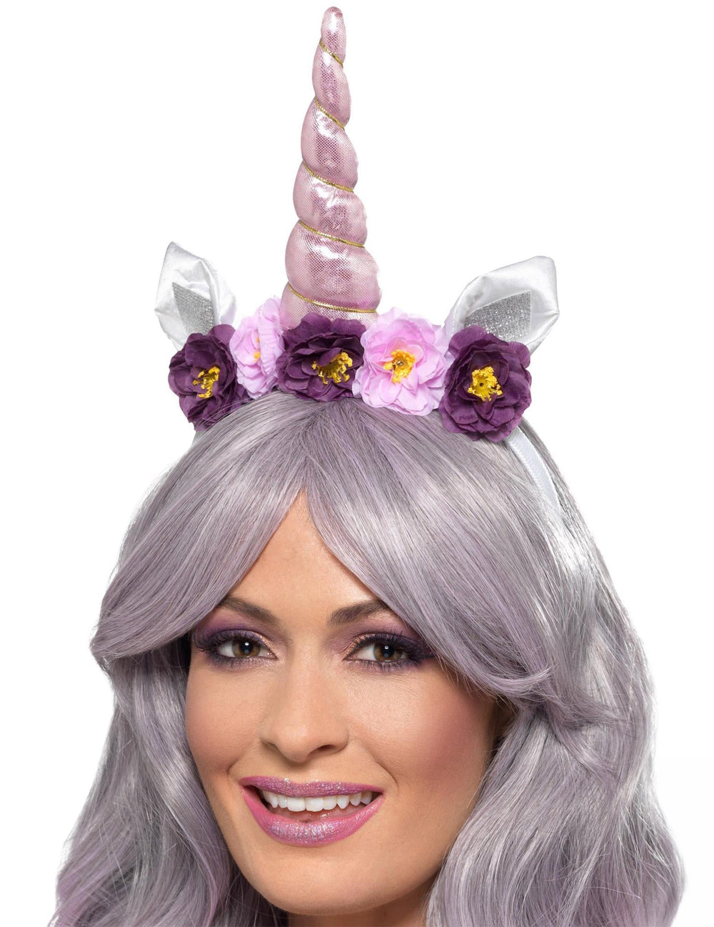 Serre-tête licorne pour adulte violet avec corne rose et fleurs