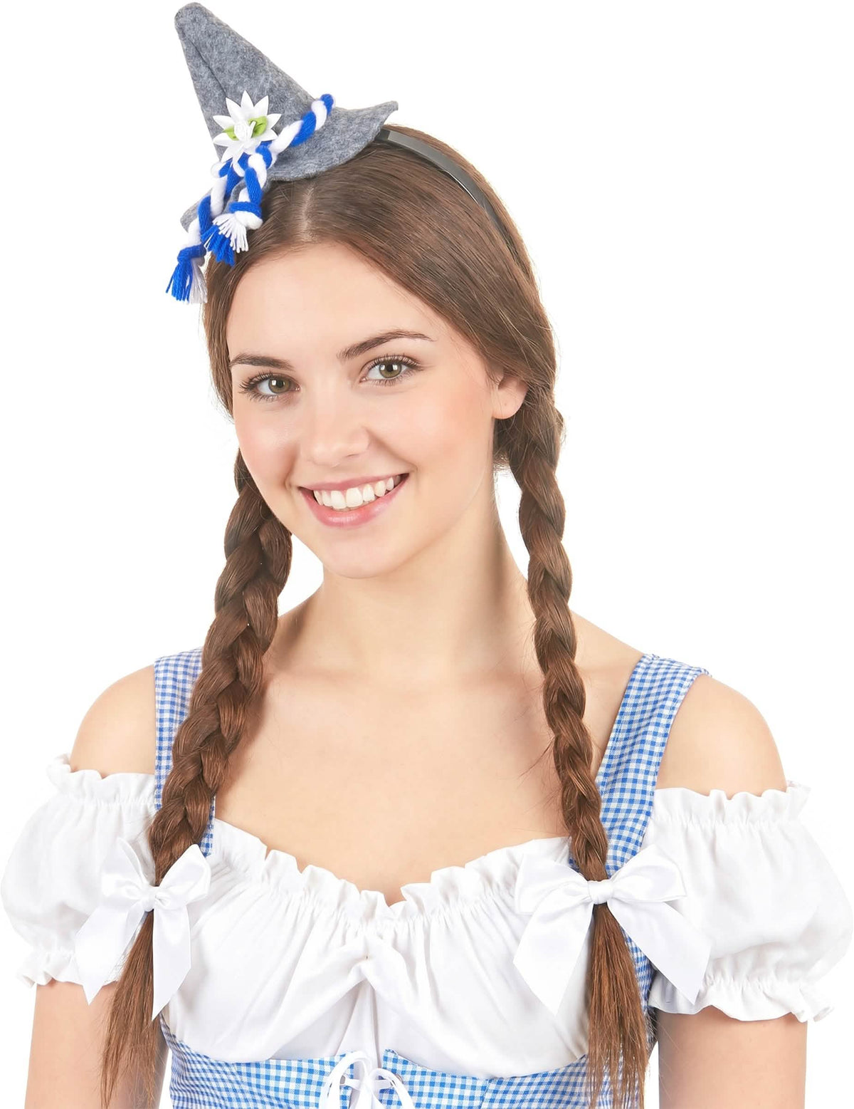 mini bajor kalapos hajpánt felnőtt számára szürke, kék-fehér zsinórral és edelweiss virágmal