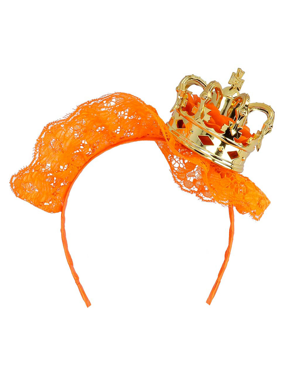 Détail de la dentelle orange et de la couronne dorée du serre-tête mini couronne pour adulte