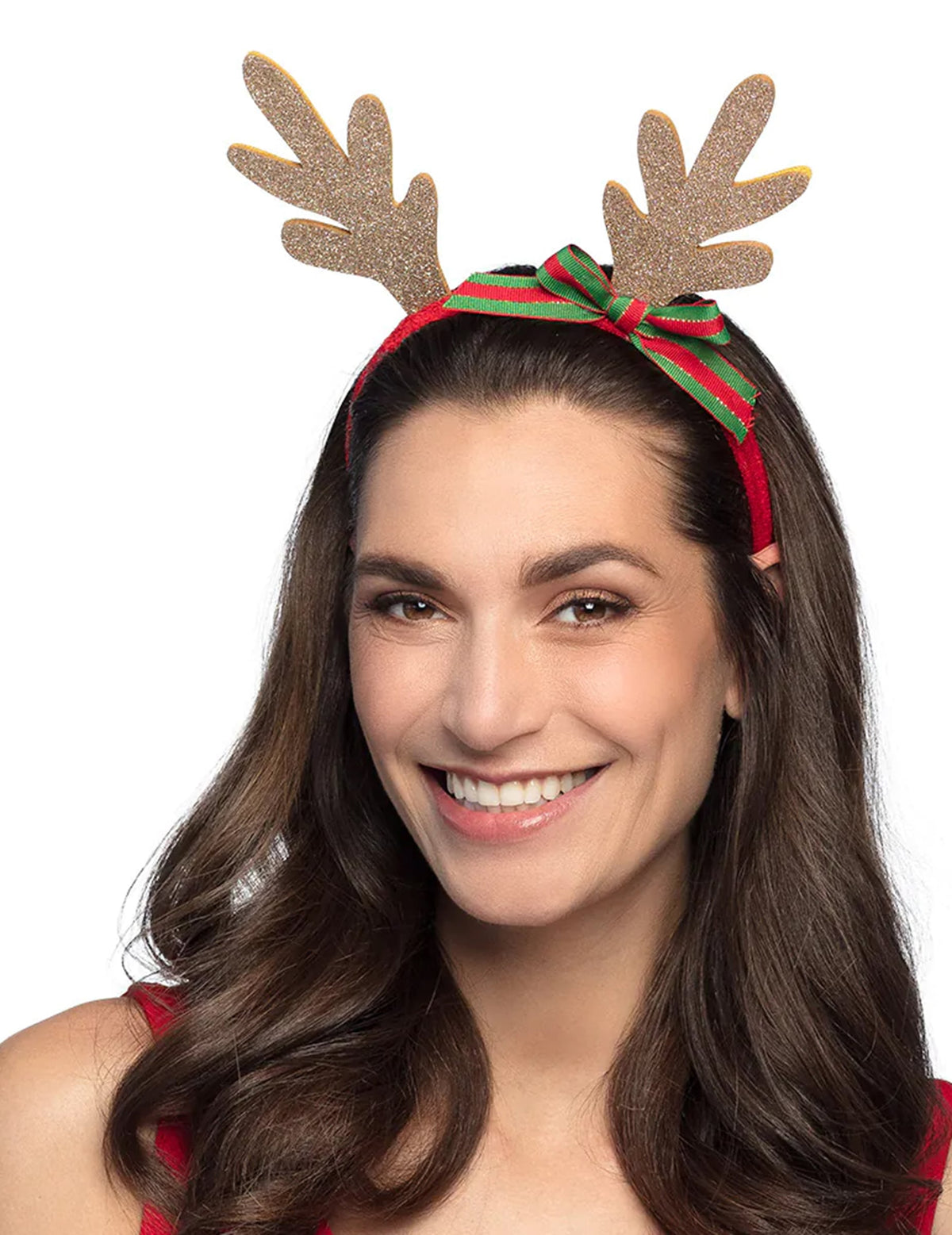 Serre-tête renne de Noël pour adulte doré avec ruban vert et rouge
