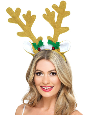 Barna Mikulás szarvas fejfedő női, piros magyal és csengők díszítéssel