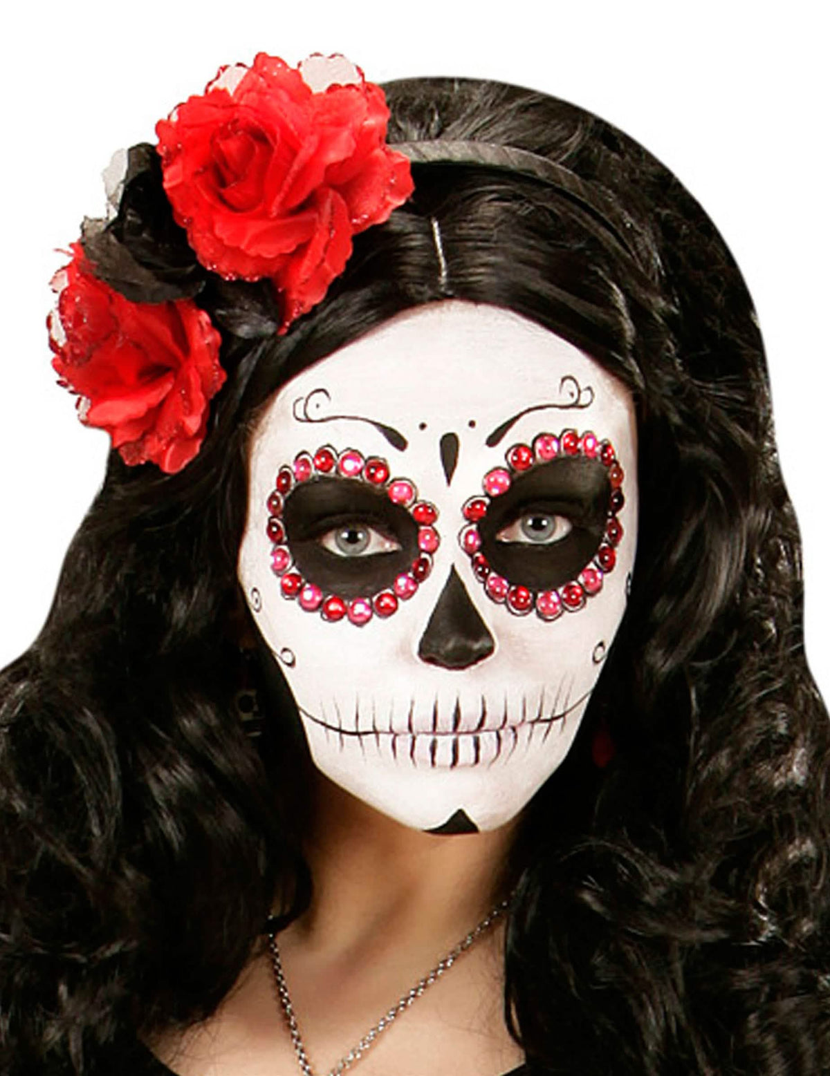 Fejpánt Dia de los muertos nő számára piros és fekete virágokkal