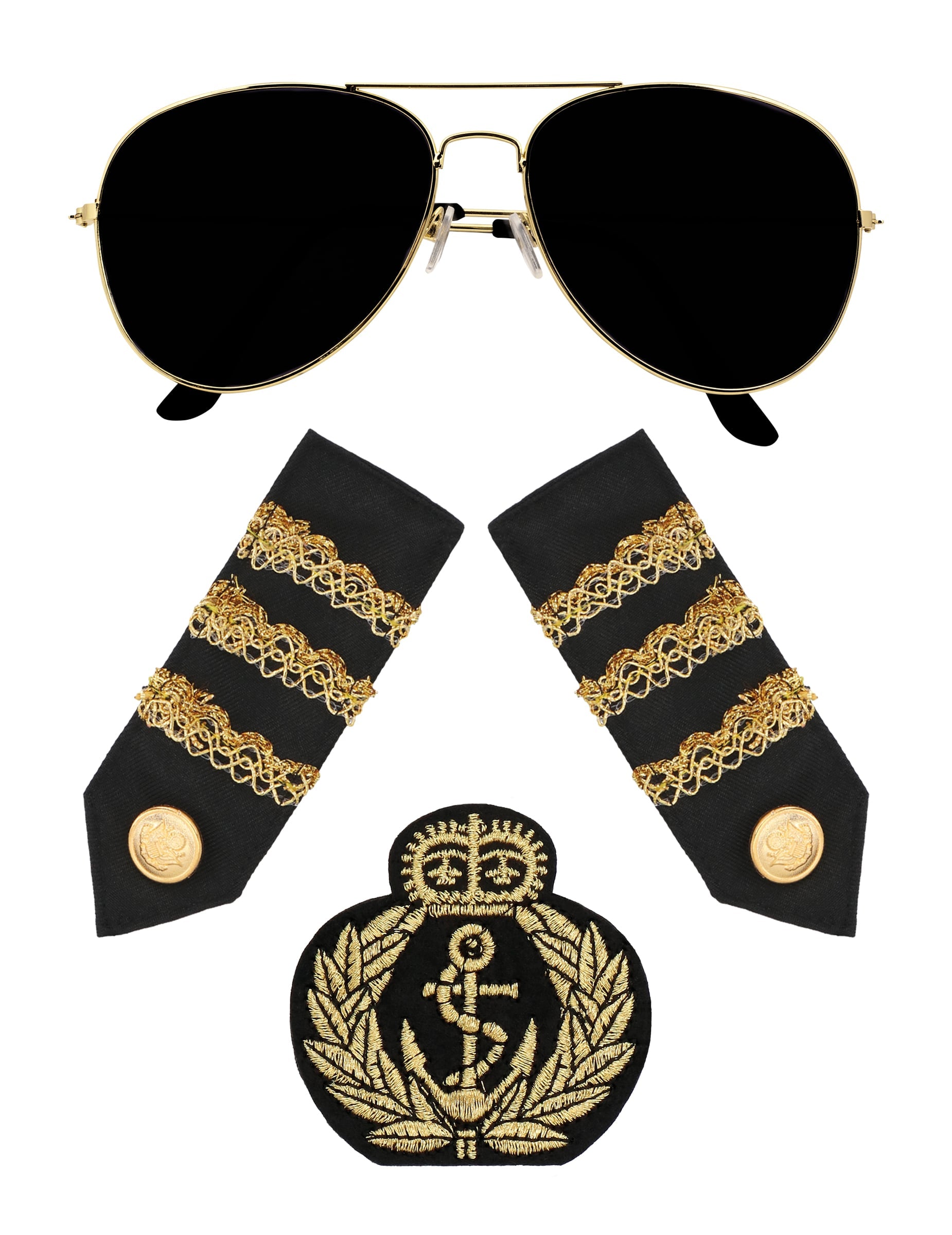 Vue d'ensemble des composants du set accessoires capitaine pour adulte