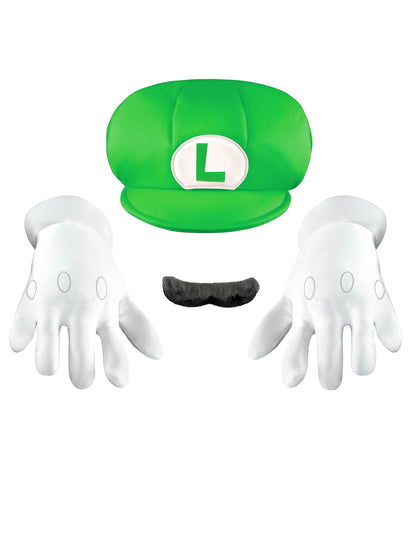Vue d'ensemble de la casquette, des gants et de la moustache du Set accessoires Luigi™ pour adulte