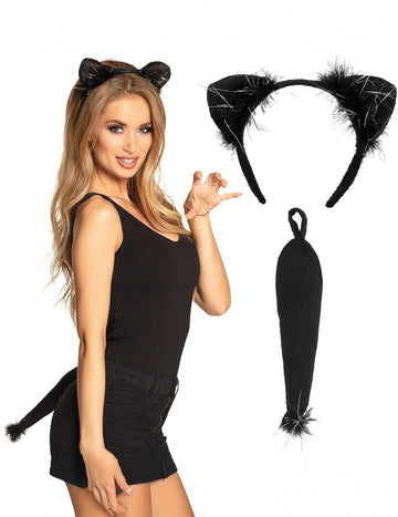 Felnőtt fekete macskakészlet fülpánttal és farokkal