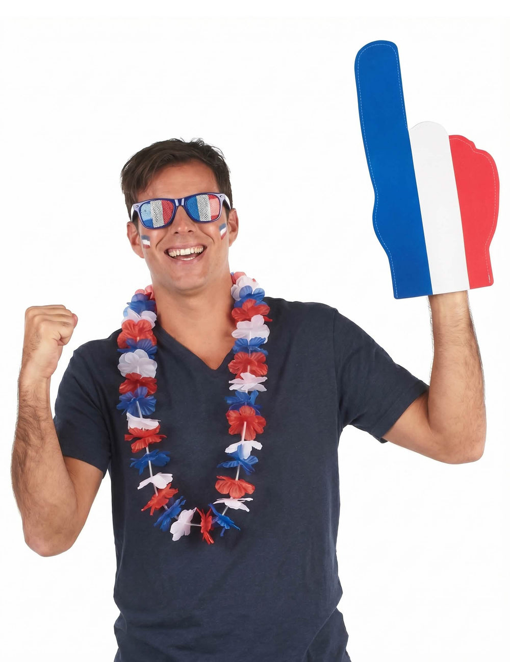 Franciaország szurkoló szett felnőttnek szemüvegek, hawaii nyaklánc és óriási kéz kék fehér piros színben
