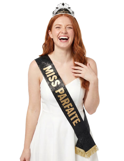 Tökéletes Miss női sál és tiara fekete és arany