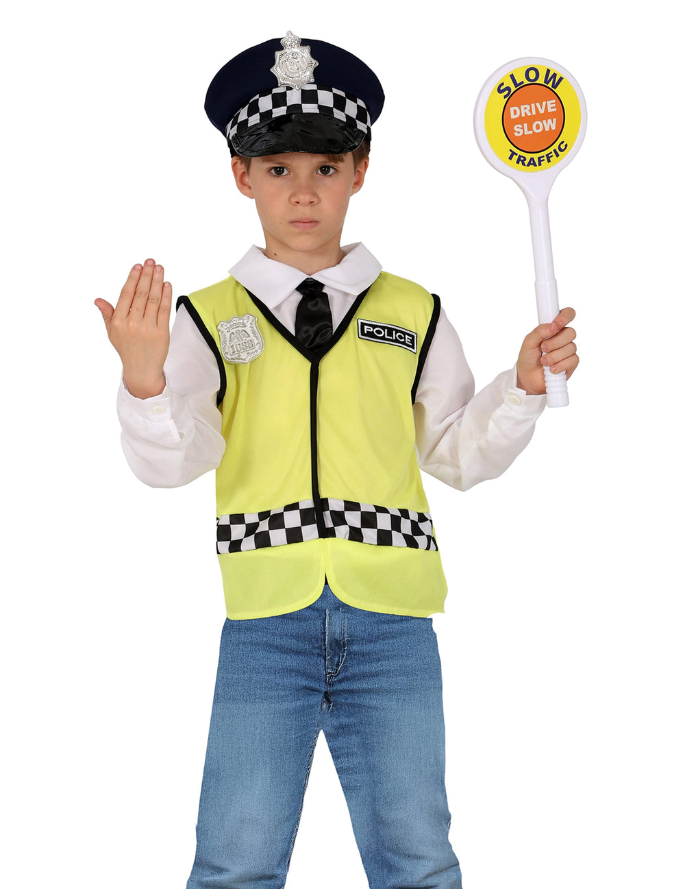 Set de policier anglais pour enfant jaune fluo avec casquette et panneau de signalisation