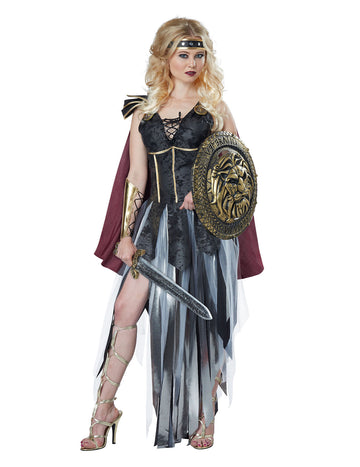 Déguisement gladiatrice sexy à franges pour femme noir et argent avec cape bordeaux