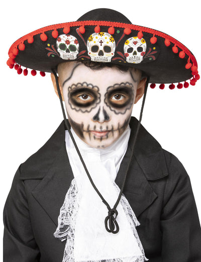Sombrero Dia de los muertos pour enfant noir avec pompons rouges et motifs têtes de mort