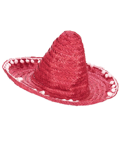 Vue de profil du Sombrero pour adulte rouge à bordure pompons