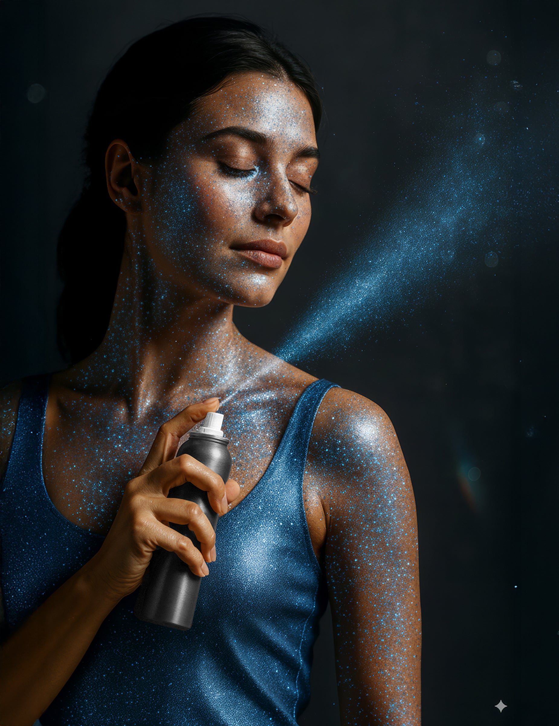 Mise en situation du rendu sur le visage et le corps du spray à paillettes pour le corps pour adulte