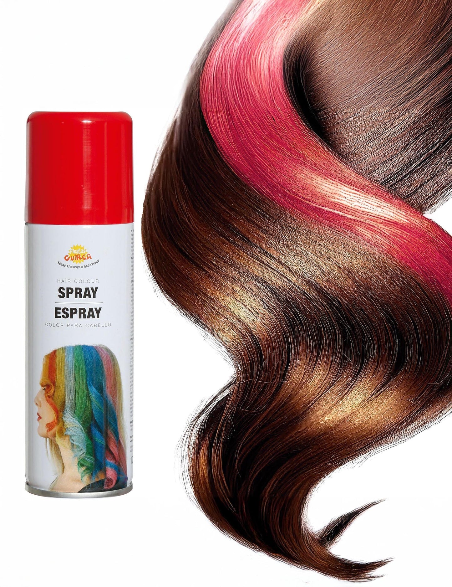Détail du rendu de la couleur rouge sur une mèche du spray pour cheveux couleurs pour fête