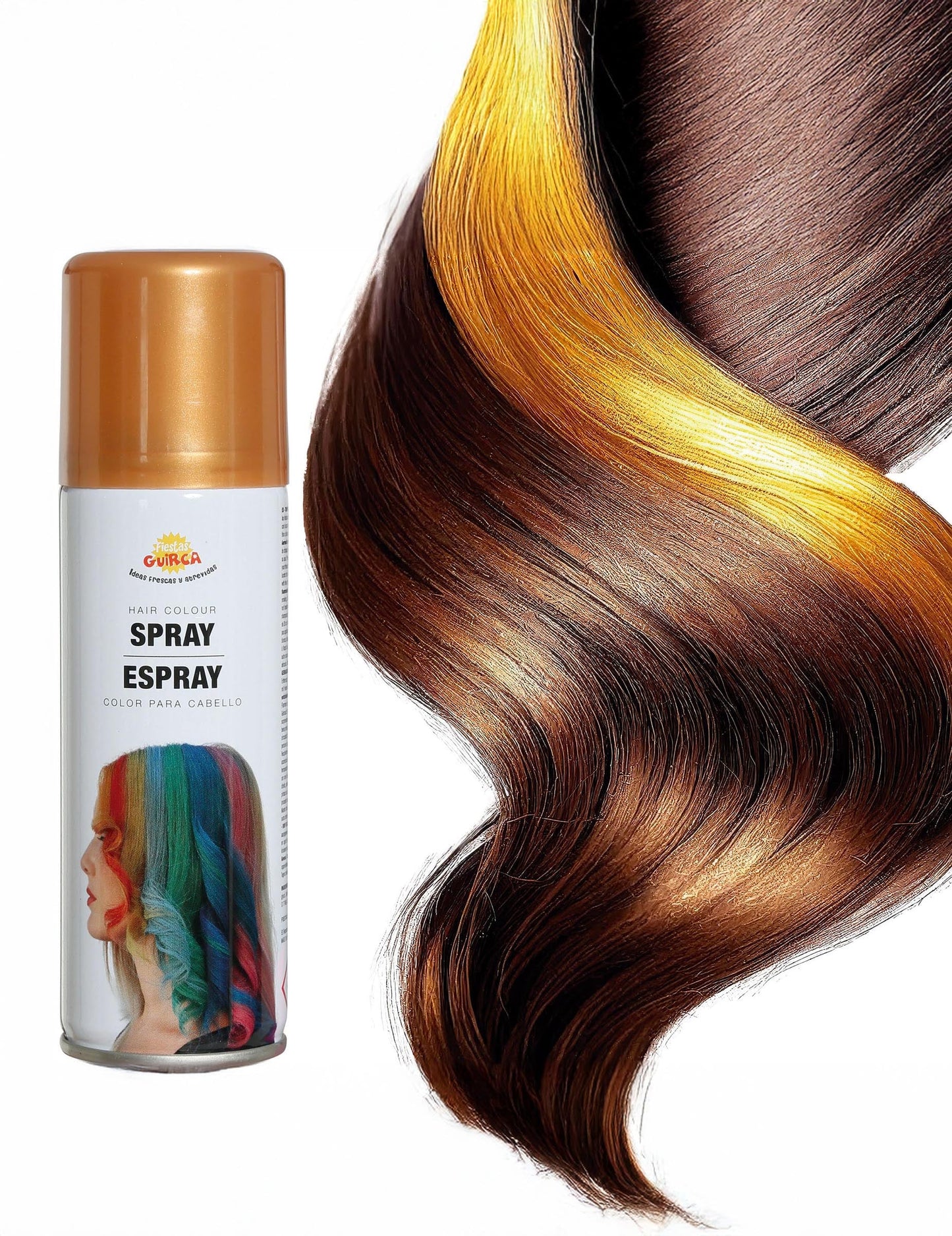 Détail du rendu de la couleur dorée sur une mèche du spray pour cheveux couleurs pour fête