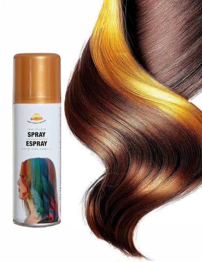 Détail du rendu de la couleur dorée sur une mèche du spray pour cheveux couleurs pour fête