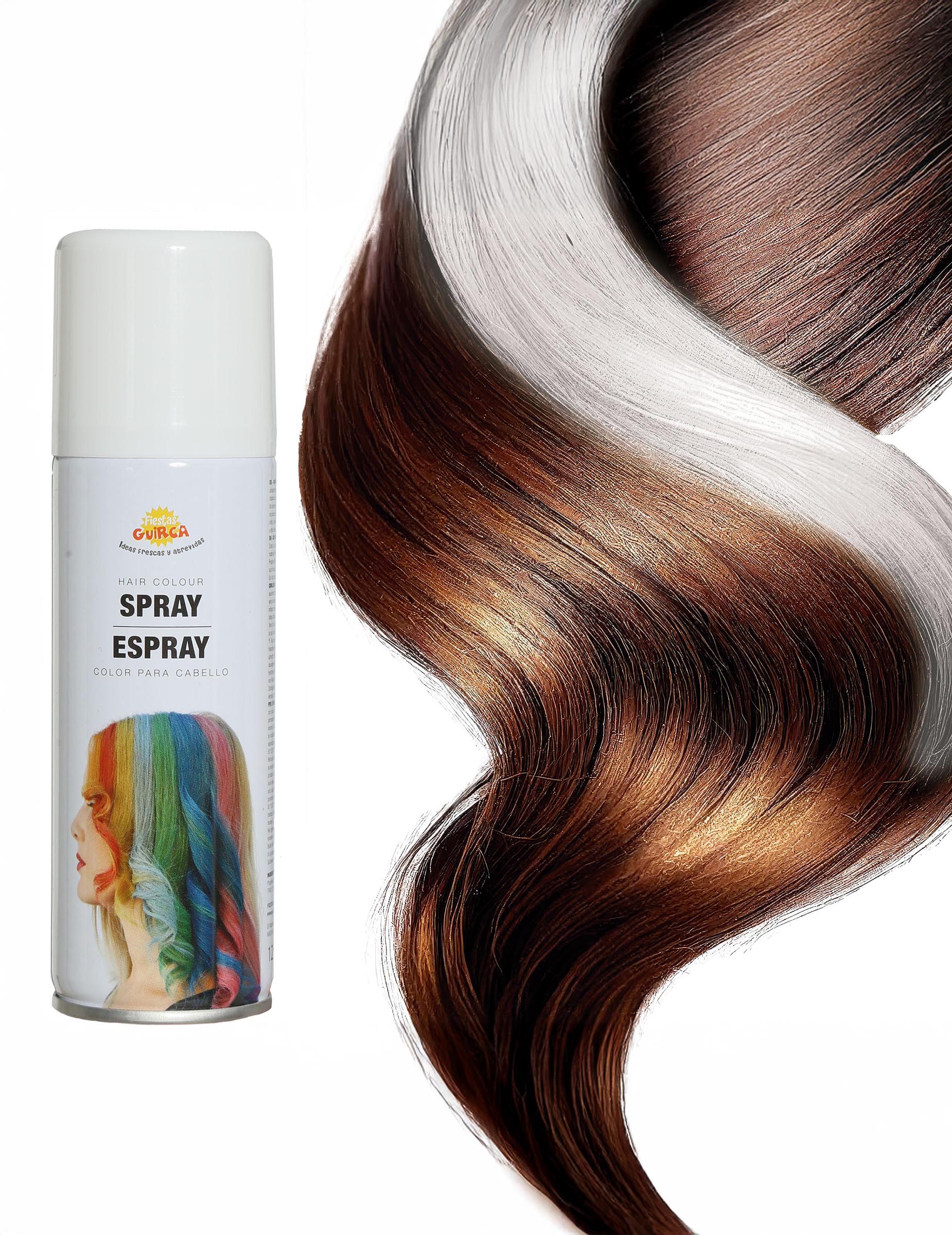 Détail du rendu de la couleur blanche sur une mèche du spray pour cheveux couleurs pour fête