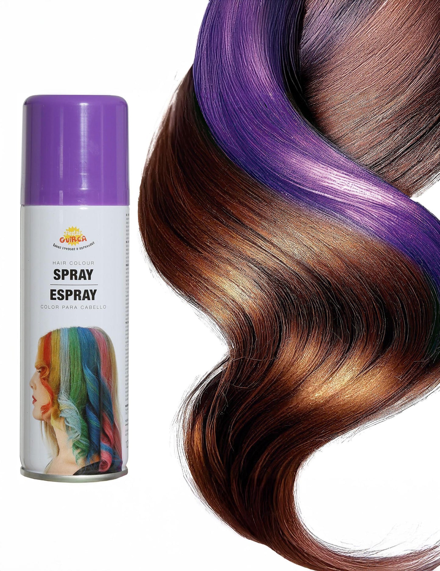 Détail du rendu de la couleur violette sur une mèche du spray pour cheveux couleurs pour fête