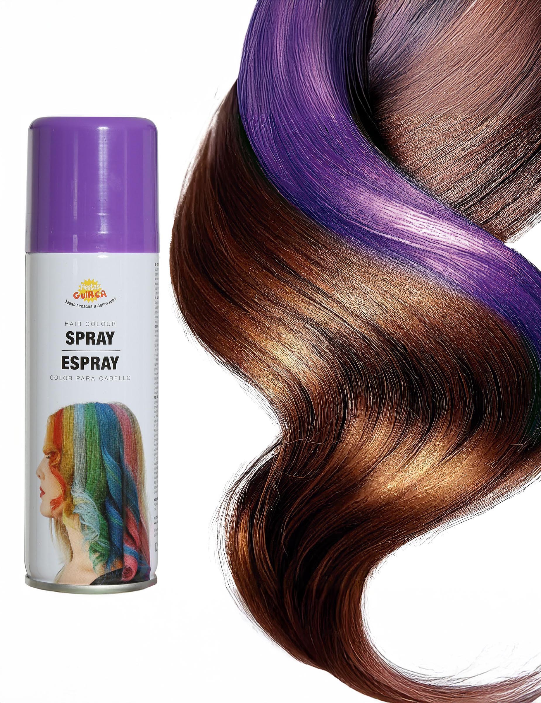 Détail du rendu de la couleur violette sur une mèche du spray pour cheveux couleurs pour fête