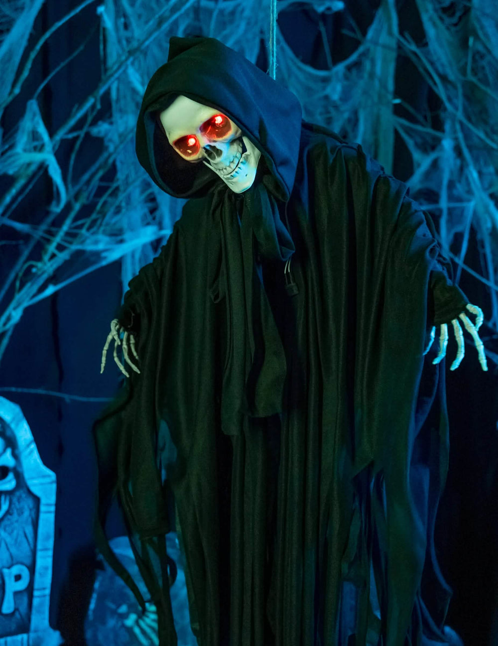 Halloween-i világító, hangos és animált csontváz vörös szemekkel