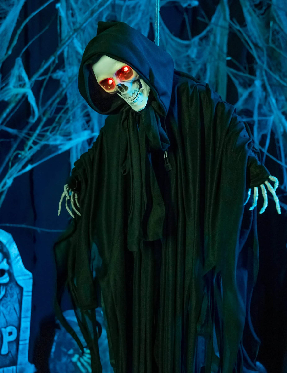 Halloween-i világító, hangos és animált csontváz vörös szemekkel