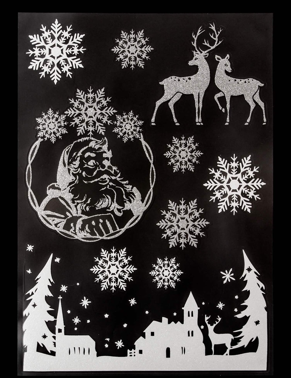Stickers pour vitre village de noël et flocons pour décoration argentés pailletés